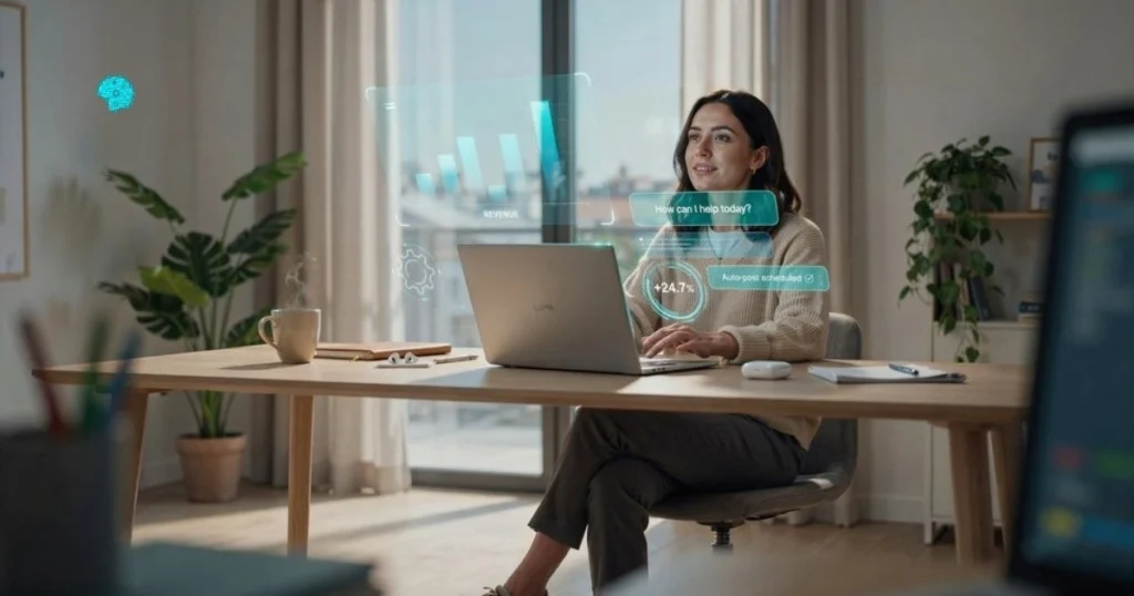 AI for small business — entrepreneur using AI tools on laptop in 2026