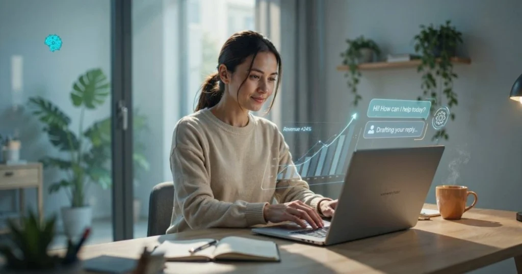 Small business owner using AI chatbot for customer support