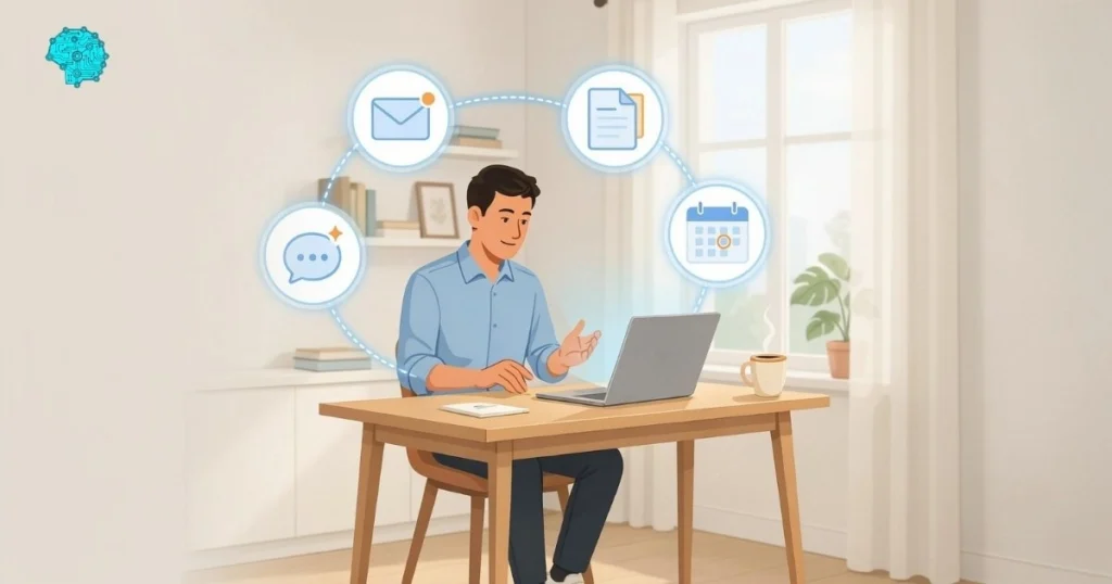 Small business owner automating tasks with AI automation dashboard — BizBotLogic 2026